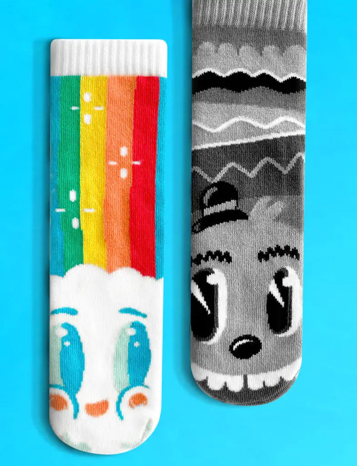 Rainbowface & Mr. Gray Mismatched Kids Non-Slip Socks