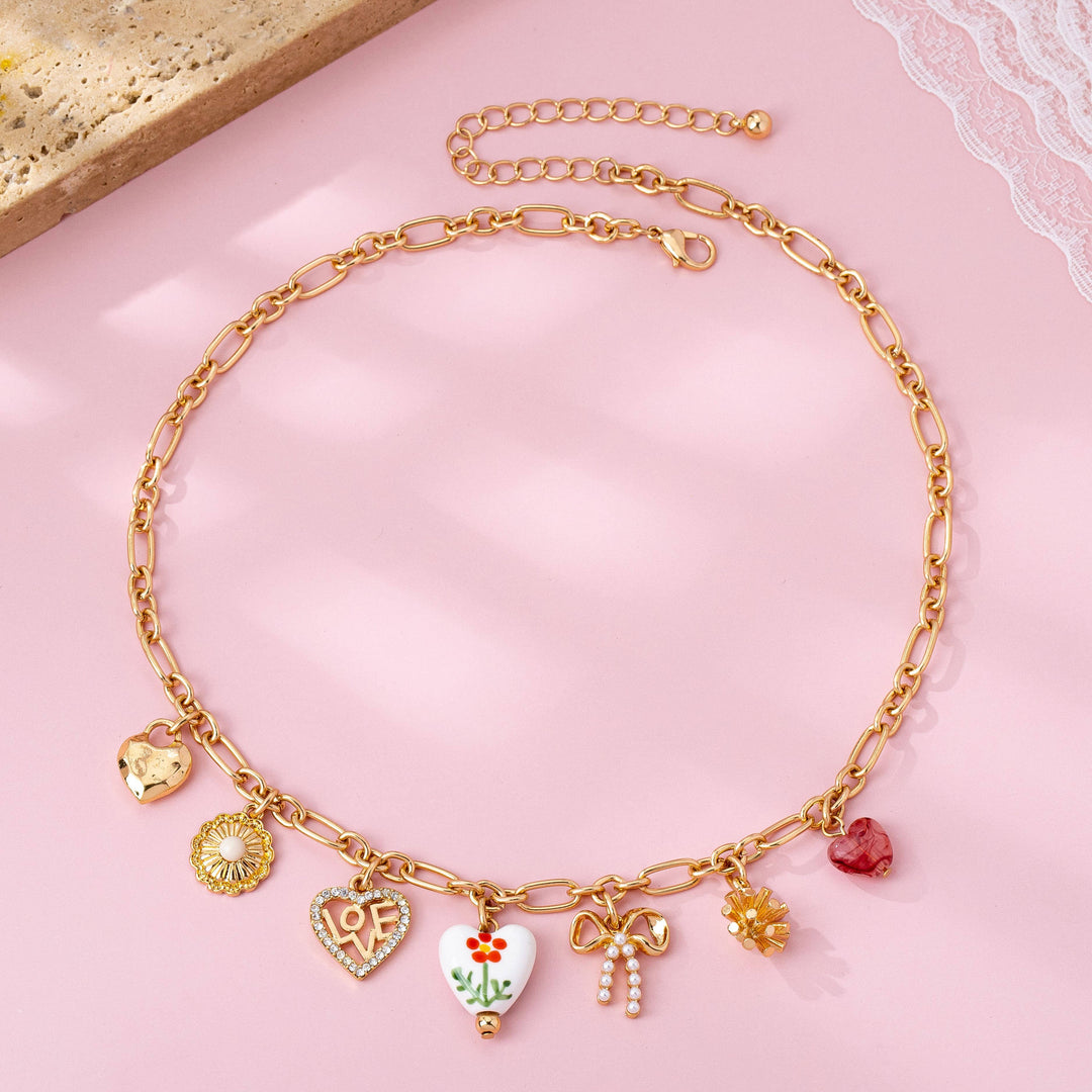 Gold Figaro Chain Multi-Charm Statement Necklace | 80N92748