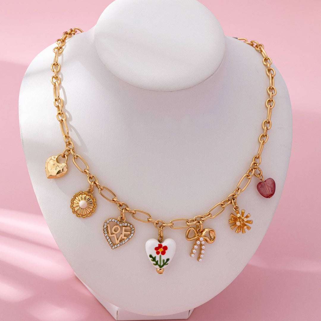 Gold Figaro Chain Multi-Charm Statement Necklace | 80N92748