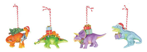 CHRISTMAS PRESENT DINO ORNAMENT 4 ASSORTED