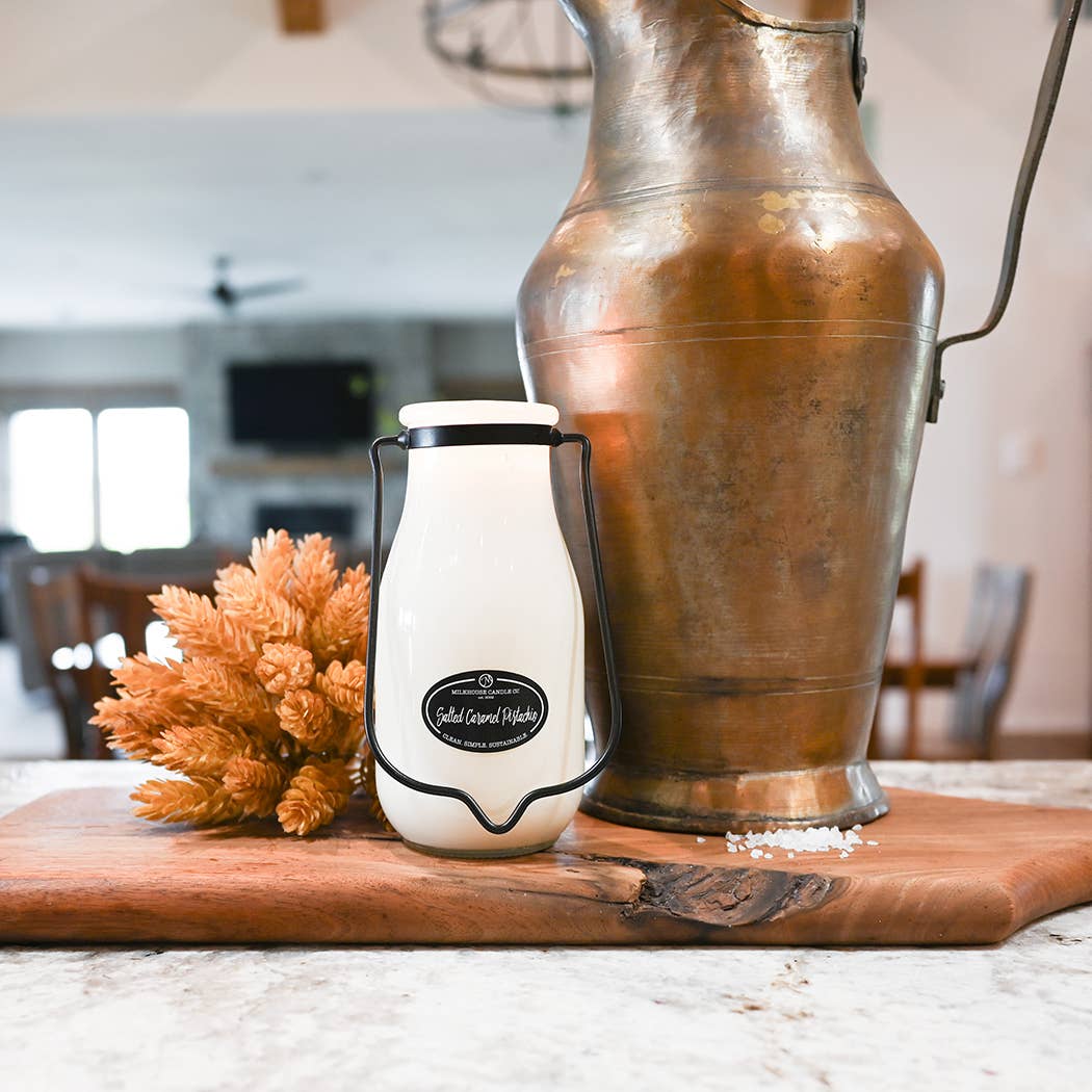 14 oz Milkbottle Candle: Salted Caramel Pistachio