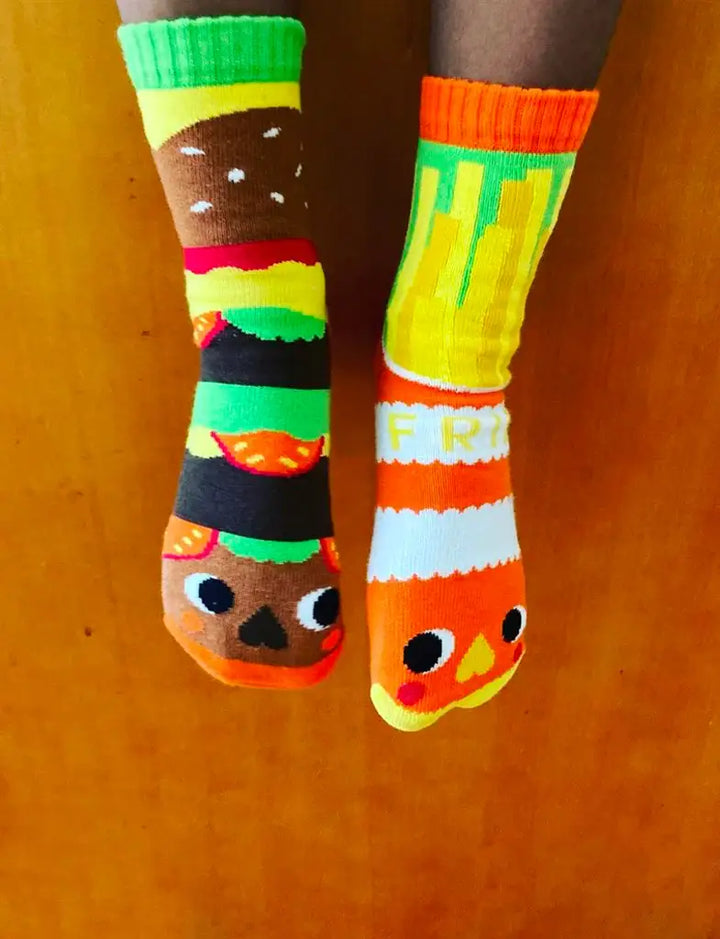 Burger & Fries - Fun Mismatched Non-Slip Socks for Kids