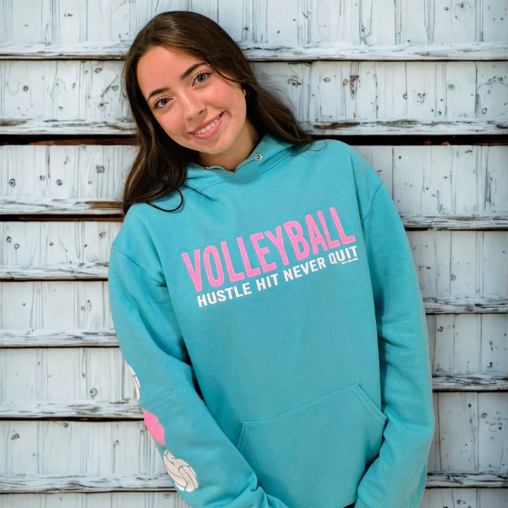 Hustle Hit Never Quit Volleyball Hoodie-teal