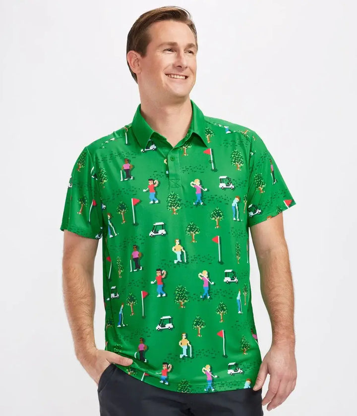 8-Bit Birdie Men's Golf Shirt - Green Retro Golf Polo