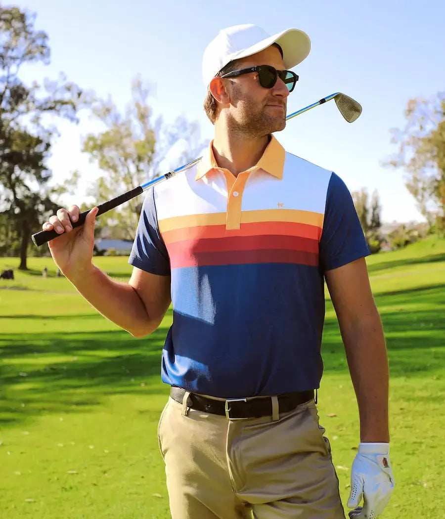 Slice of Sunset Men's Golf Shirt - Navy Striped Golf Polo