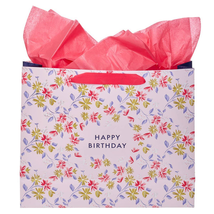 Happy Birthday Pink Flower Trellis Large Landscape Gift Bag