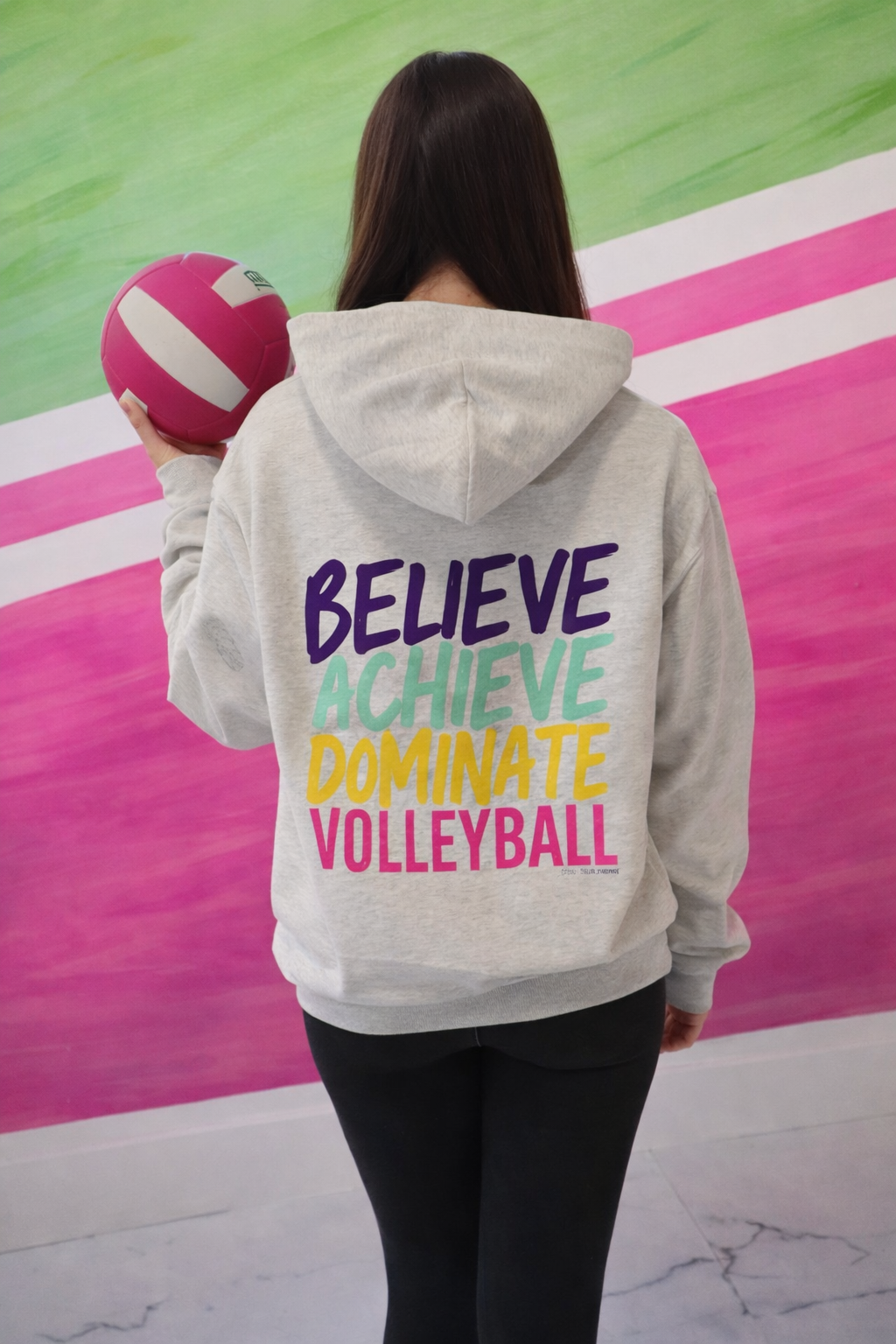 Believe Achieve Dominate Volleyball Hoodie-heathered oatmeal
