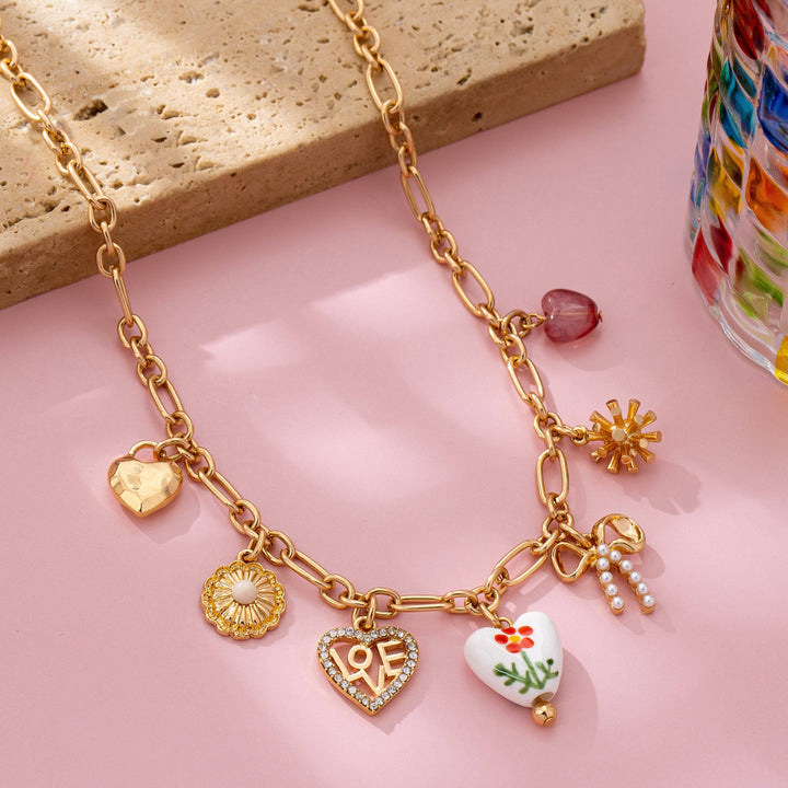Gold Figaro Chain Multi-Charm Statement Necklace | 80N92748