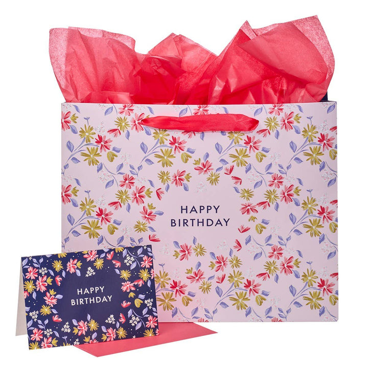 Happy Birthday Pink Flower Trellis Large Landscape Gift Bag