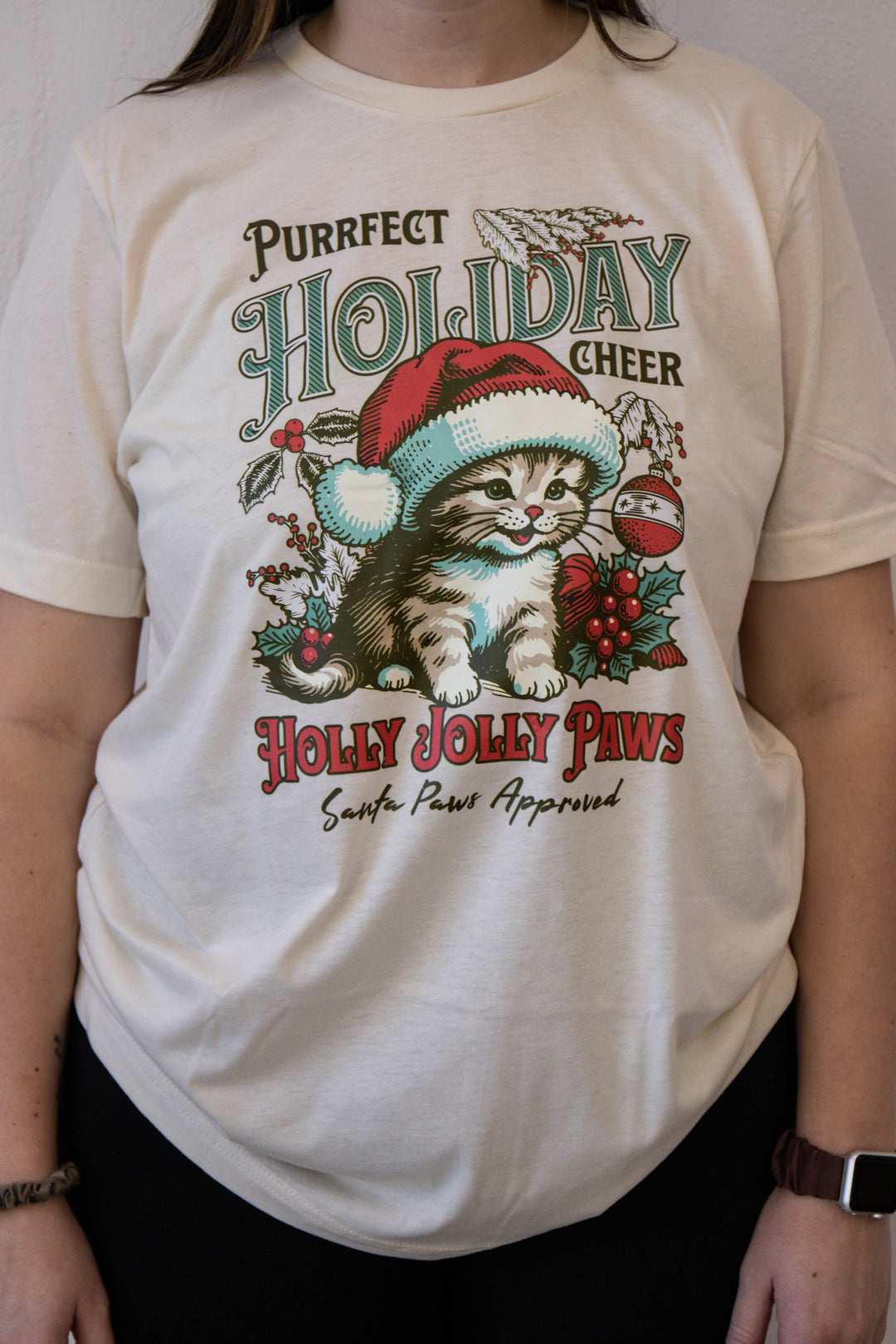 Purrfect Holiday Cheer tan tee