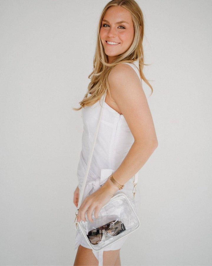 Bridget Clear Purse with Vegan Leather Trim and Straps - White